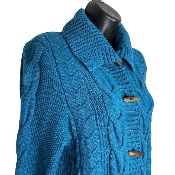 LL Bean Cardigan Sweater Women M Petite Blue Fisherman Cable Knit Toggle Pockets - Picture 1 of 15